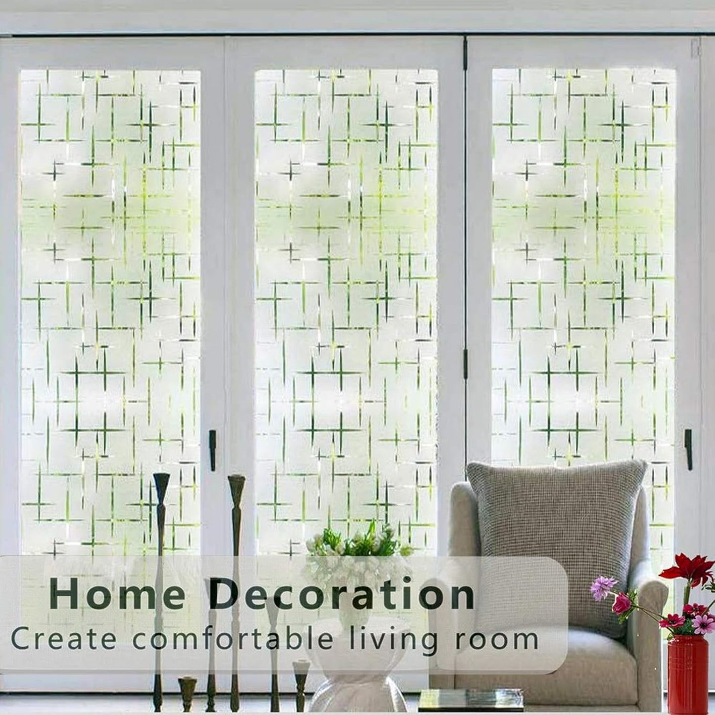 Finnez Frosted Window Film Non-Adhesive, Frosting Privacy Film for Glass Windows, Self Static-Cling Decorative Window Cling for Home Office UV Protection Cross Pattern, 35.4 x 118.1 inches