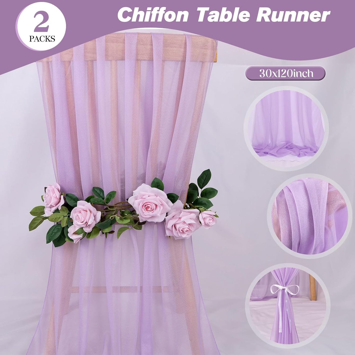 2 Packs Lavender Chiffon Table Runner 30 x 120 Inches Romantic Sheer Fabric for Wedding Decorations, 10ft Baby Shower and Birthday Party Cake Table Decorations