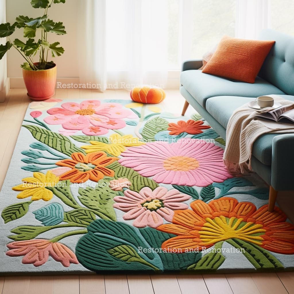 Handmade Wool Floral Area Rug for Living Room | Elegant Flower Garden Design, Soft, Thick and Durable | Bedroom, Dining Room & Home Decor Carpet (10' x 14', Floral F)