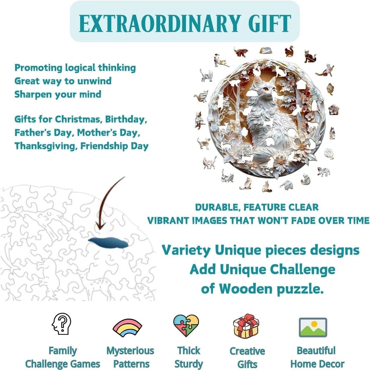 Wooden Puzzles Adults, 3D Cats Wooden Puzzles 200 Pieces, Unique Animal Shaped Wood Challenging Jigsaw Puzzles Gifts for Adults, 11.4x11.4in