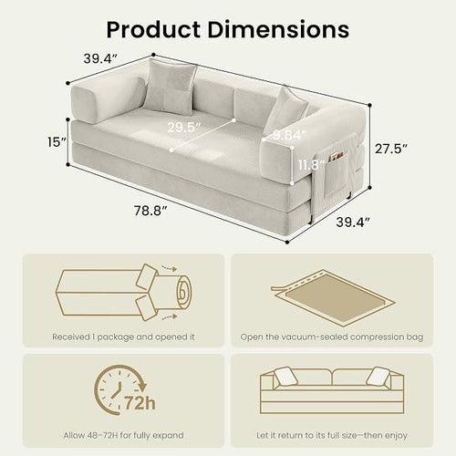 78.8" Convertible Sofa Bed, Corduroy Futon Couch - Image 2