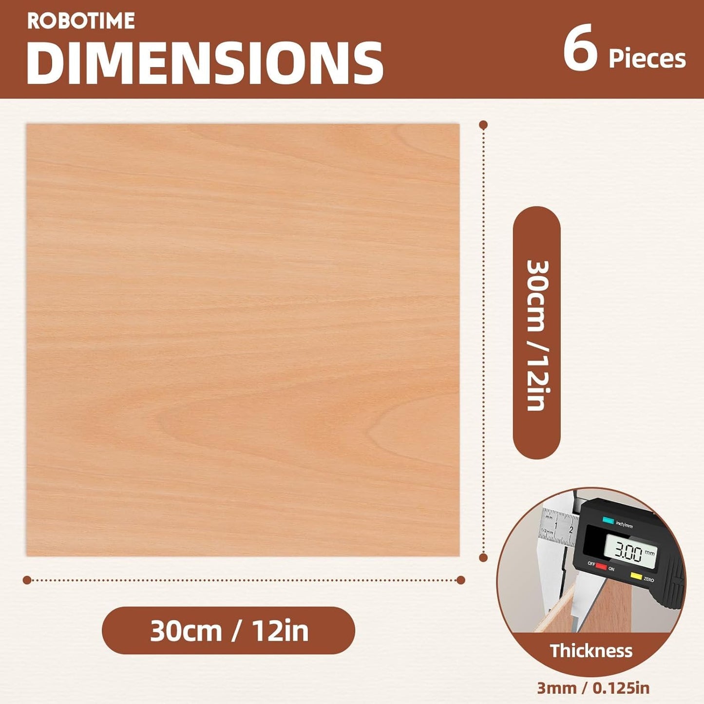 ROBOTIME 6-Pack Laser Wood Sheets 1/8" - 12 x 12 x 1/8 Inch - Cheery - 3mm Plywood for Laser Cutting, Laser Engraving Blanks