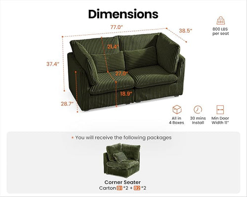 77" Oversized Corduroy Couch Modular Sectional Sofa, Washable Cloud Couch - Image 2