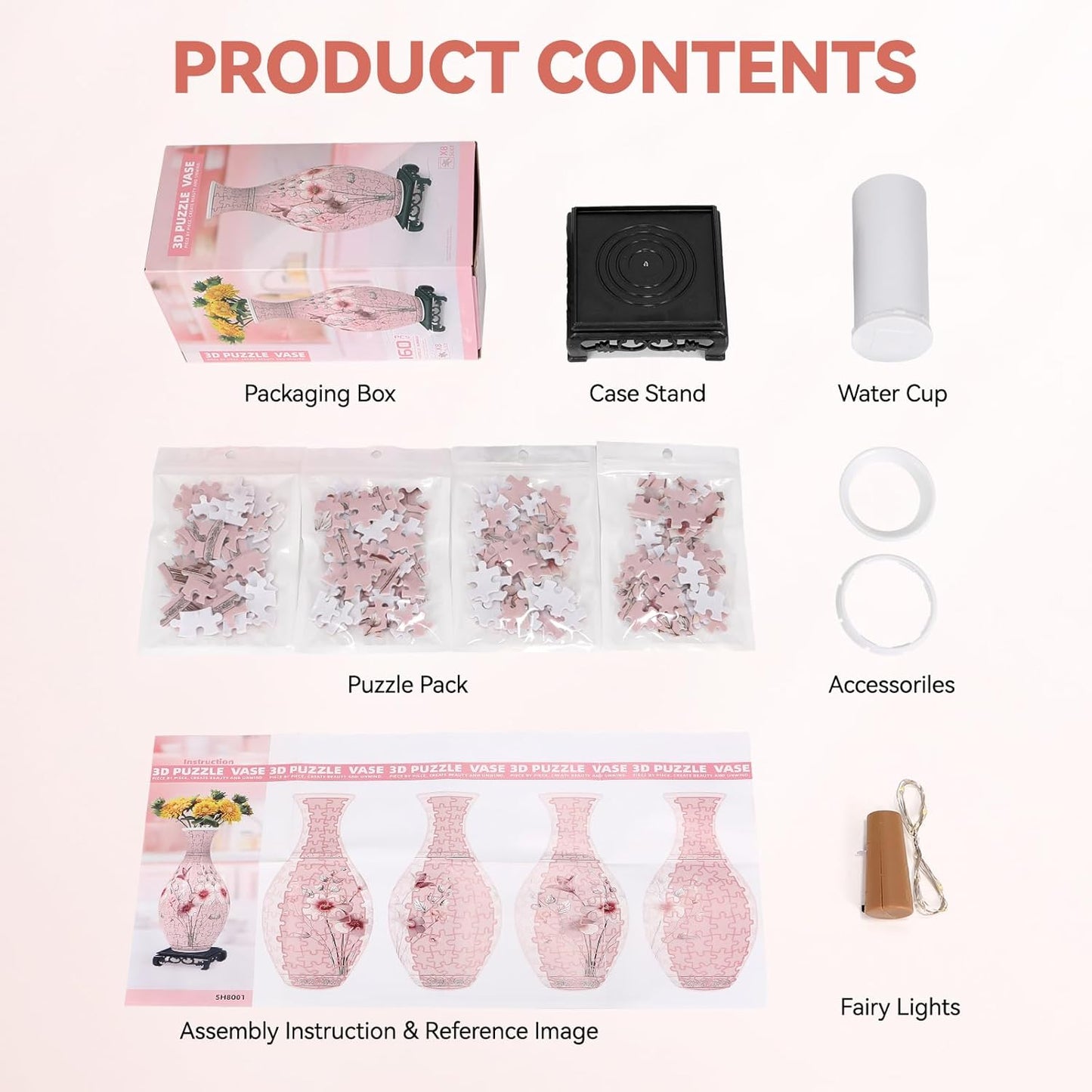 3D Puzzles Vase for Adults, Birthday Gifts for Women, 160 Pieces Plastic DIY Unique Flower Vase with LED Light, Crafts for Adults House Warming Gift for Flower Arrangements and Home Decor (Pink)