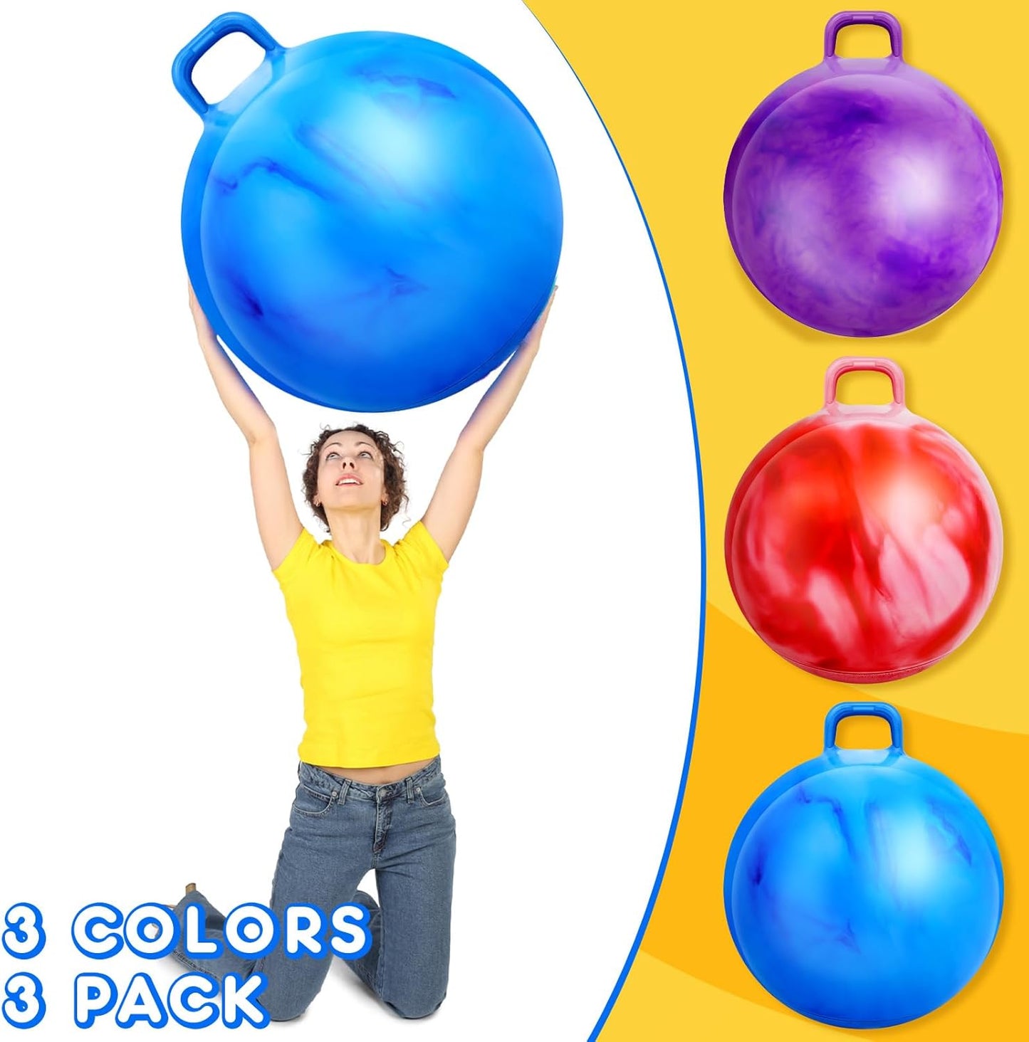 Lewtemi 3 Pcs 29 Inch Bouncing Ball with Handle, Outdoors Jumping Hopping Ball and Air Pump for Sports Exercise (Gradient Red, Gradient Blue, Purple)