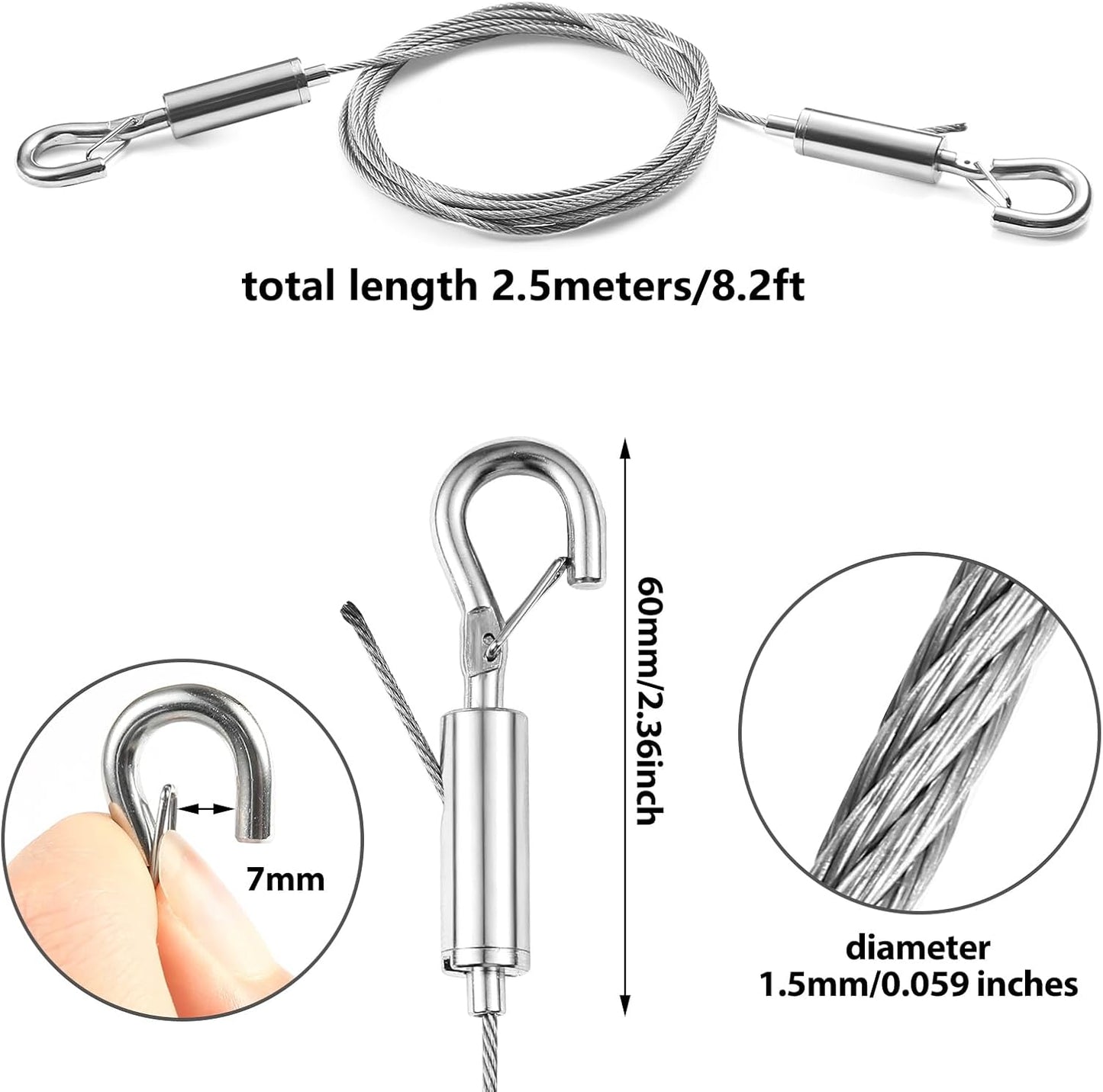 4PCS Picture Hanging Wire Kit Supports 66lbs,Hanging System with Adjustable Photo Hook and 2.5m x1.5mm Stainless Steel Wire Rope for Hanging Frame Picture Photo Mirror Artwork Light Flowerpot