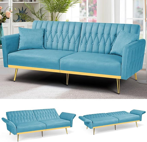70” Velvet Futon Sofa Bed with 2 Pillows and Adjustable Armrests, Convertible by ACMEASE