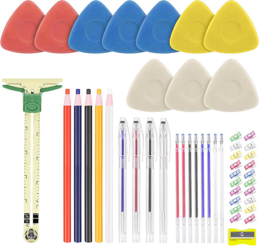 StiVerse 49 pcs Tailors Chalk Kit, 10 pcs Sewing Chalk, Fabric Chalk Markers for Sewing, Heat Erasable Pens, Sewing Clips, Sliding Gauge for Quilting, Sewing Supplies for Quilting, Dressmaking