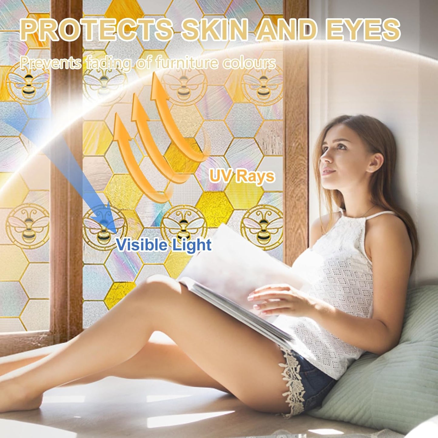 3D Stained Glass Window Privacy Film, Heat Control UV Blocking Static Cling Decorative Window Film for Bathroom,Front Door,Home Non Adhesive,23.6 x 35.4 inches Honey
