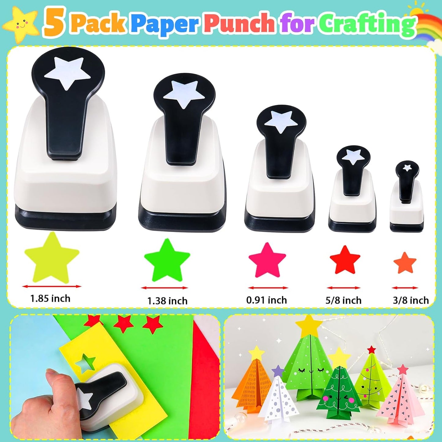 Star Hole Punch, Star Punches for Paper Crafts, Stars Paper Puncher Shape, 1 inch Stars Punch for Crafting, Large Hole Puncher, Scrapbook Punches 2 in, 1.5 in, 1 in, 5/8 in, 3/8 in - 5 Pcs