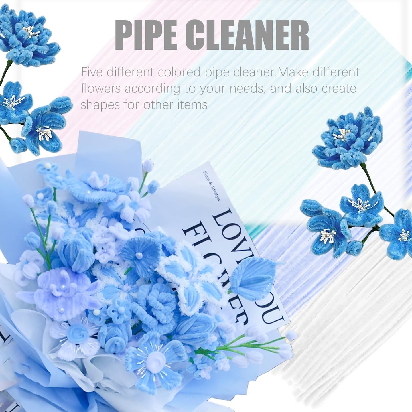 Jolbndcv Pipe Cleaners Flowers Craft Kit,521Pcs Pastel Pipe Cleaners DIY Chenille Stems Makiflower stemsng kit with Flower Stems and Tape