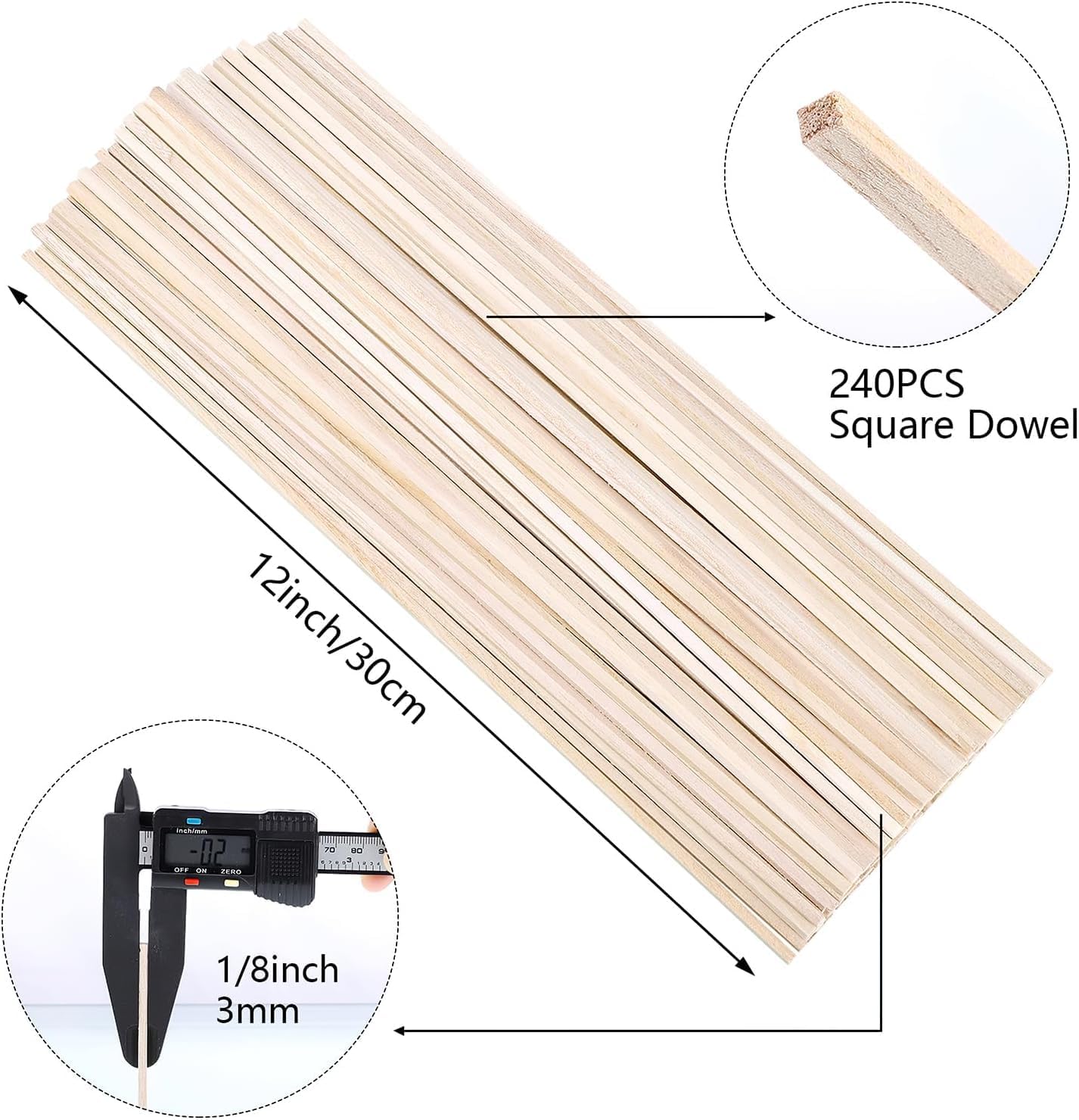 240 Pcs Balsa Wood Sticks 1/8 x 1/8 x 12 Inch Square Dowel Rods Balsa Wood Strips Hardwood Sticks for Crafts DIY Projects Models Making