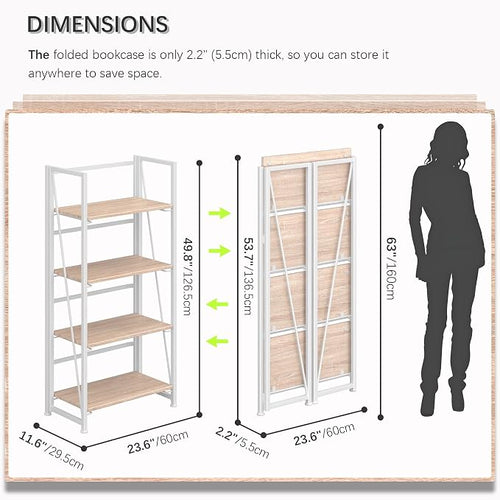 4NM No Assembly Folding Bookshelf Storage Shelves 4 Tiers Vintage Bookcase - Image 2