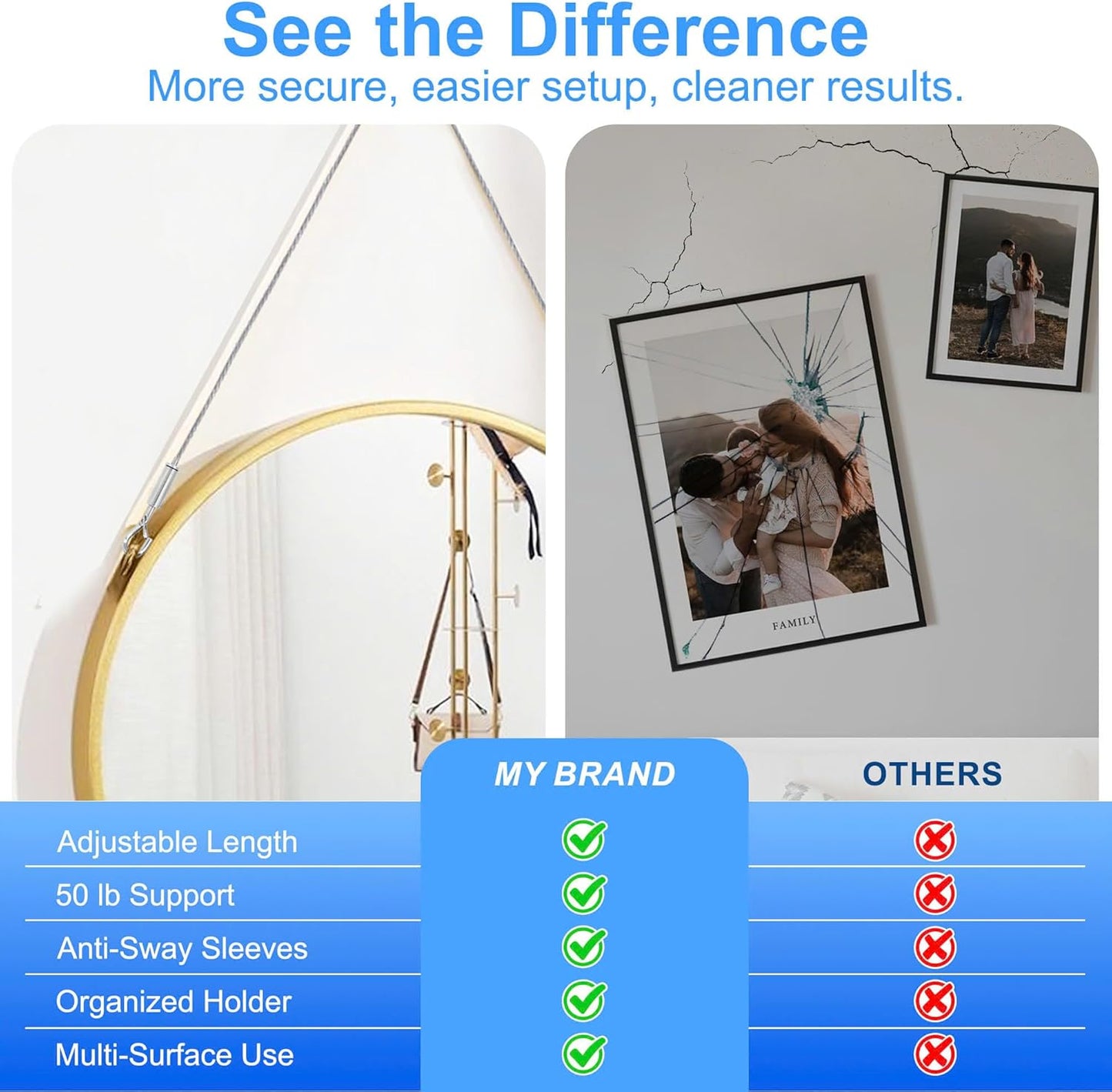 Picture Hanging Kit for Frames & Mirrors - Picture Hanging Wire Kit, 4 pcs Adjustable Wire 2 m (6.56 ft) x 1 mm with Clips, 50 lb; 8 3-Hole D-Ring Hangers; Braided Heavy Duty Cord; Wall Hardware, Art