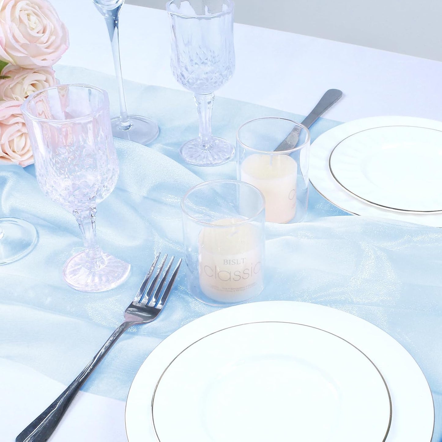 VACVELT Sheer Organza Fabric by The Yard, 60 Inch Wide Light Blue Organza Fabric Bolt Bridal Sheer Tulle Fabric, Silk Organza Fabric Roll for Wedding Party Decorations Backdrop Curtain (10 Yards)