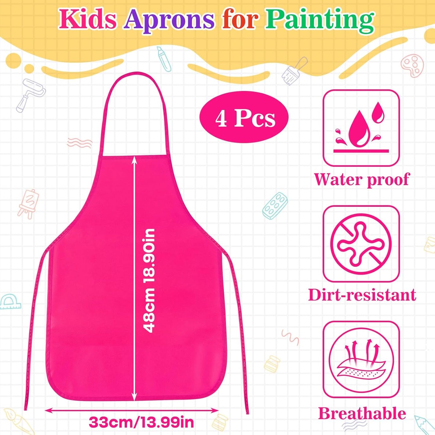 PLULON 4 Pcs Kids Apron Painting Aprons, Kids Aprons for Painting Art Apron Smocks Bulk for Art Activity Craft Home Kitchen Classroom Party Supplies (Red, Blue, Rose Red, White)