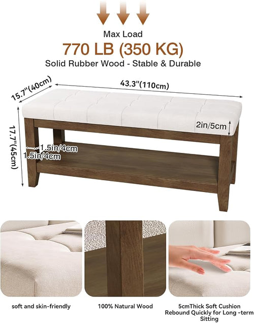 ABHENG Solid Rubber Wood Shoe Bench, Soft Chenille Material Upholstered Seat - Image 2