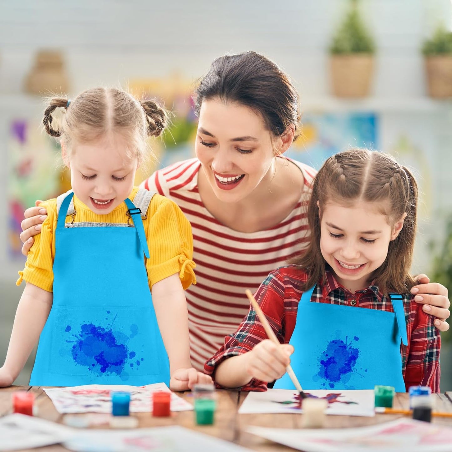6 Pack Kids Apron Bulk with 2 Pockets Adjustable Chef Art Apron Kids Painting Aprons for Cooking Baking Painting Crafting Grilling Activity（Blue）