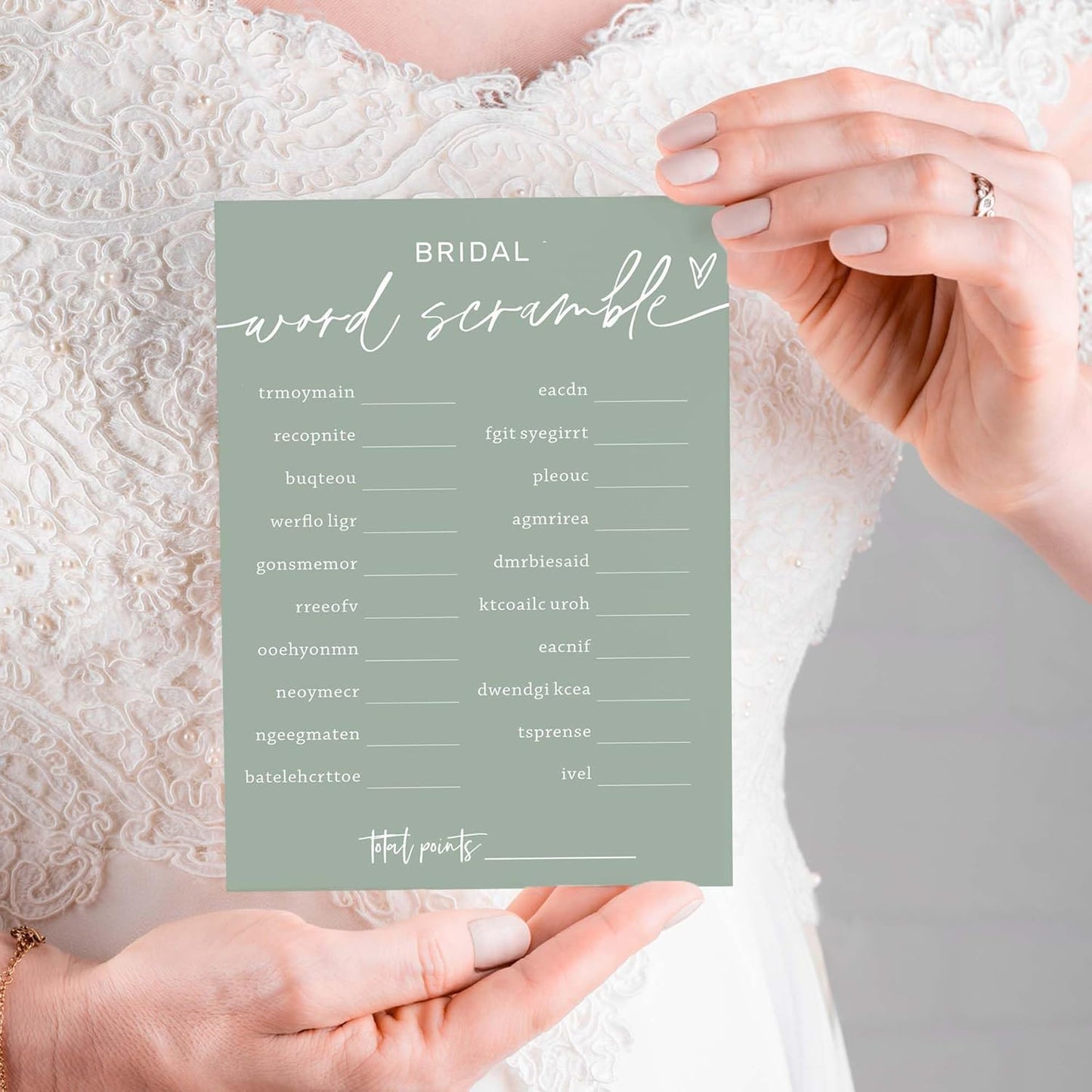 Bridal Shower Games Cards, Bridal Word Scramble, 25 Game Cards with 1 Answer Card, Engagement Party Wedding Games for Guests, Minimalist Green Wedding Party Supplies - C14