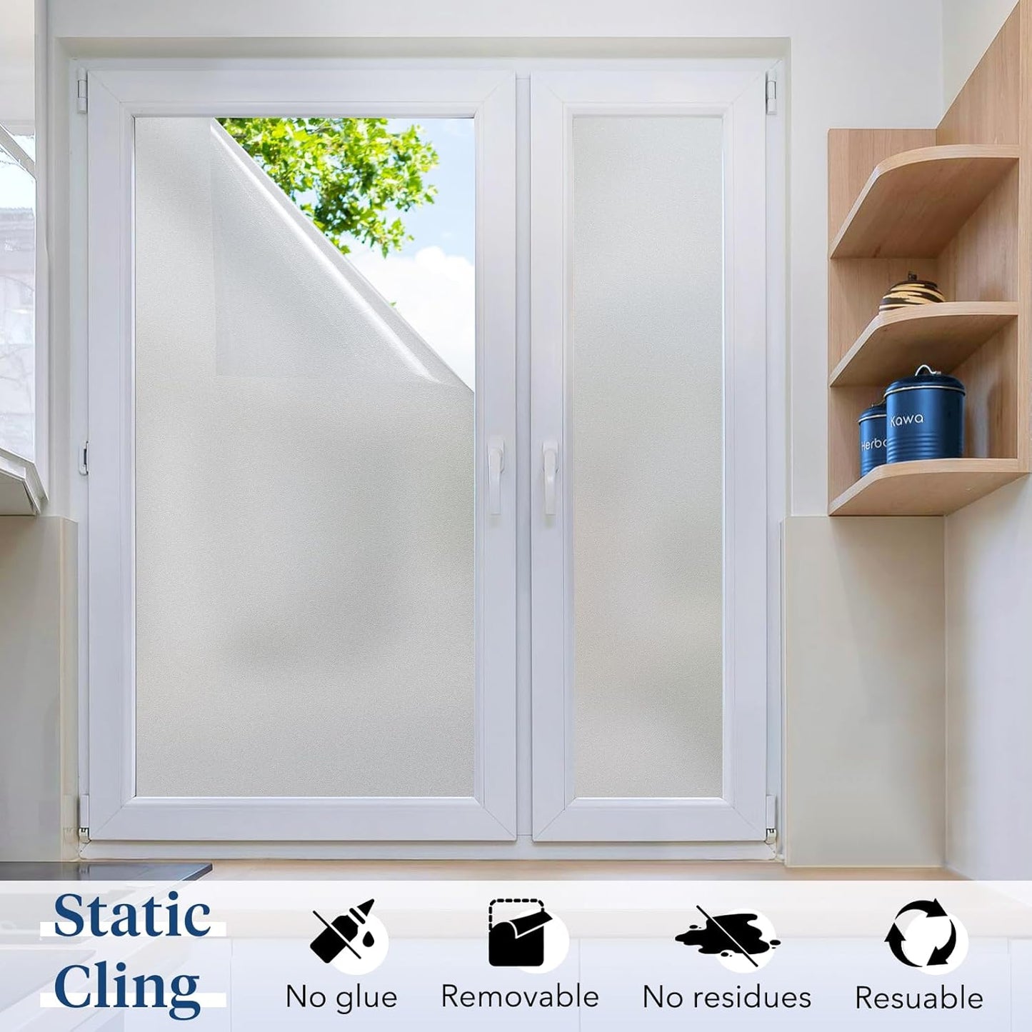Haton Window Privacy Film Frosted Glass for Bathroom, Static Cling UV Sun Blocking Window Clings, Opaque Decorative Coverings Removable Sticker Heat Control Tint for Home Door, Pure 23.6" x 157.4"