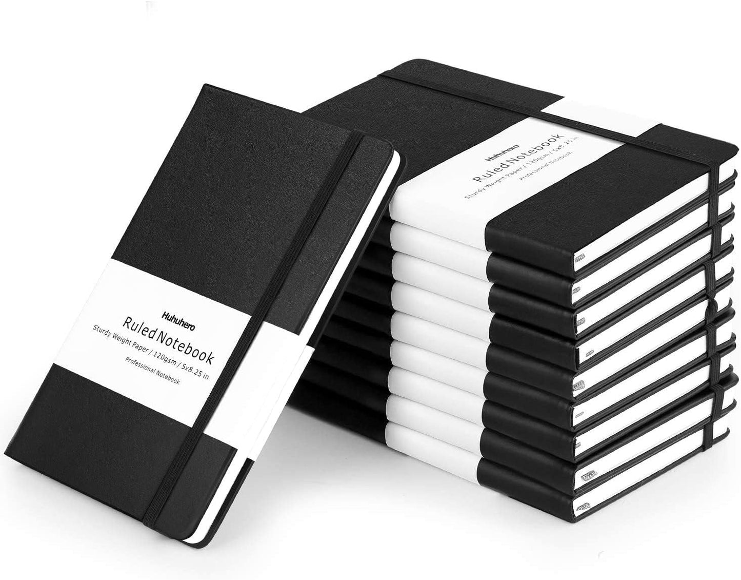 Huhuhero 10 Pack Lined Journal Notebook, 120Gsm College Ruled Thick Paper Journals for Writing, Hardcover Notebooks for Work School Business Note Taking Women Men, 5"×8.25" (10, Black)