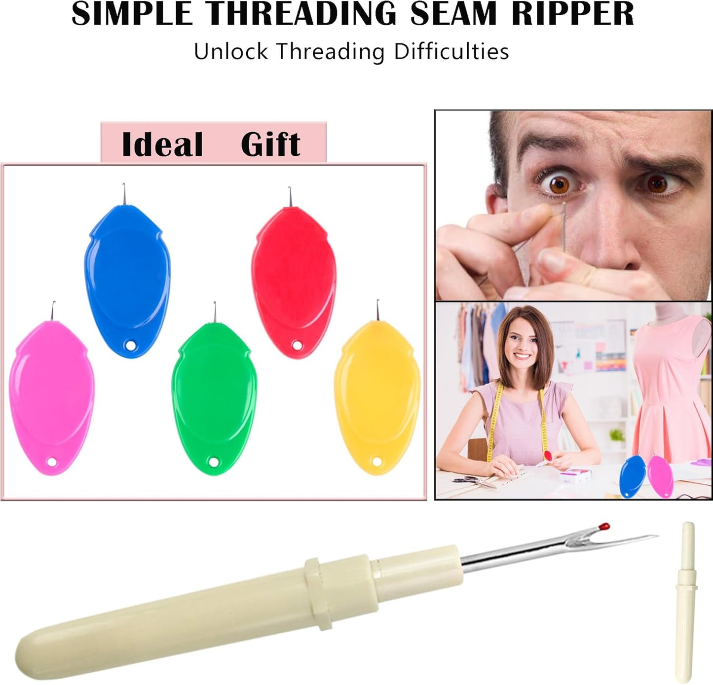 meeggrace Needle Threader, Seam Ripper,Small Needle Eye Threader Tool, Easy Threader for Machine and Hand Sewing, Fast and Precise Threading and Unthreading, Ideal for Needlework(5PCS+1)