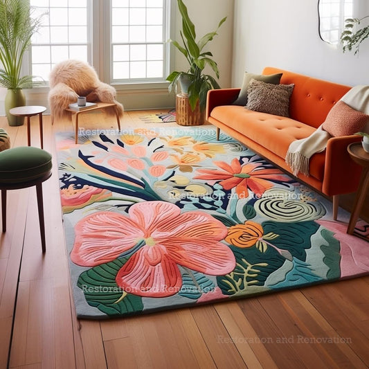 Handmade Wool Floral Area Rug for Living Room | Elegant Flower Garden Design, Soft, Thick and Durable | Bedroom, Dining Room & Home Decor Carpet (8' Round, Floral D)