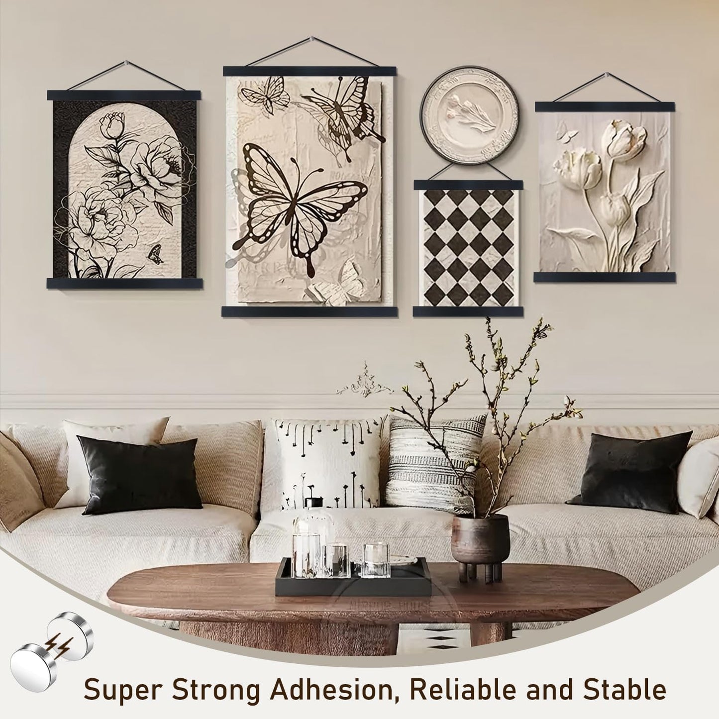 Artmag Magnetic Poster Hanger Frame, 55x36 55x30 55x60 Light Wood Wooden Magnet Canvas Artwork Print Dowel Poster Hangers Frames Hanging Kit (Black, 55")