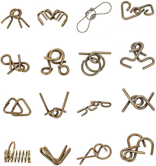 Ahyuan Metal Wire Puzzles Set of 16 Large Thick IQ Test Mind Games Toys Brain Teaser Puzzles Metal Wire Magic Trick Toy Metals IQ Puzzle Fidget Toys Party Favors for Kids Adults Challenge (Bronze)
