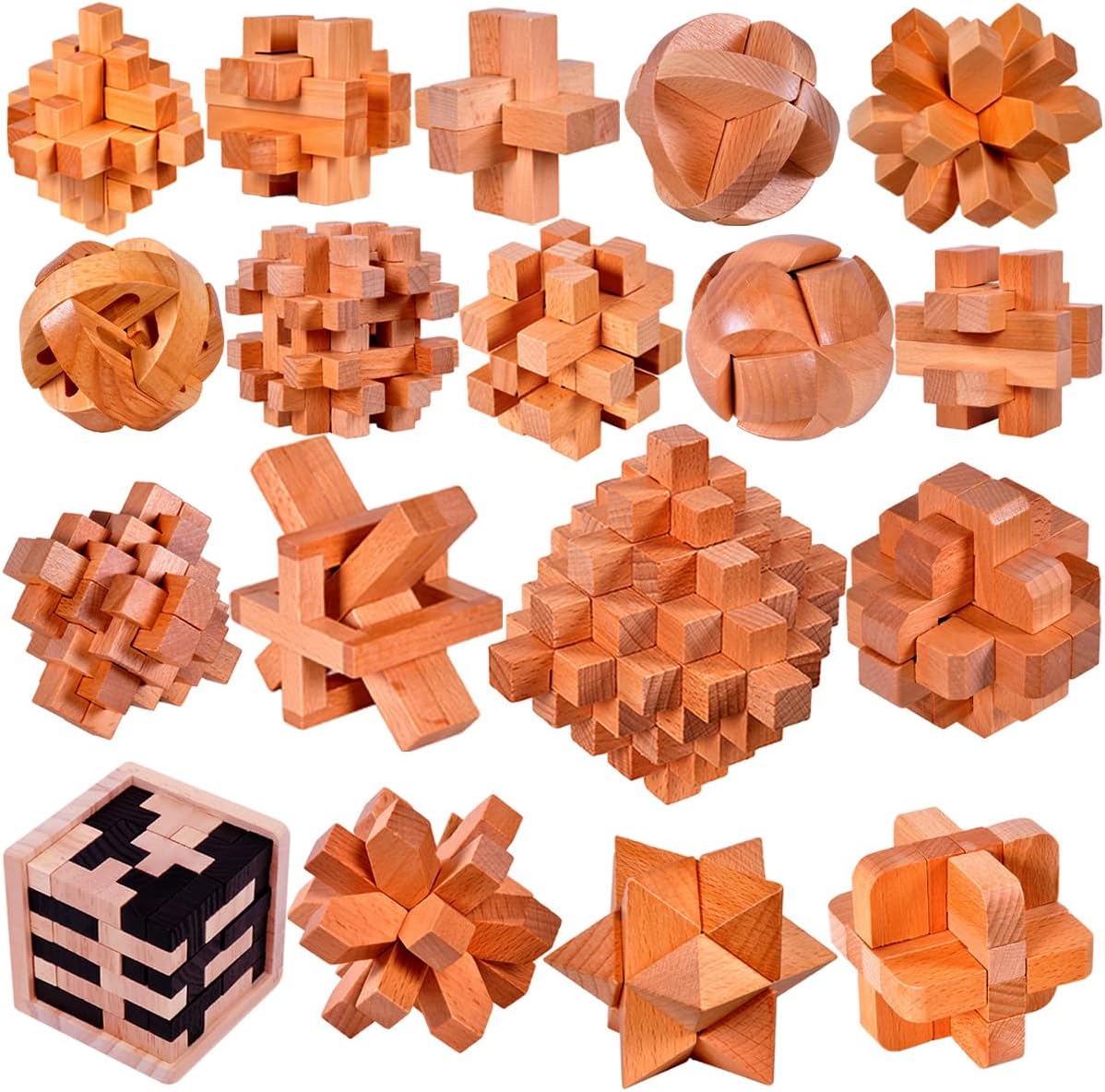 18 Pack Wooden Brain Teaser Puzzles Wooden Burr Puzzles Brain Teaser Puzzle with Gift Packing Box Magic Puzzle Games Toys for Kids and Adults by AHYUAN (Natural Wood)