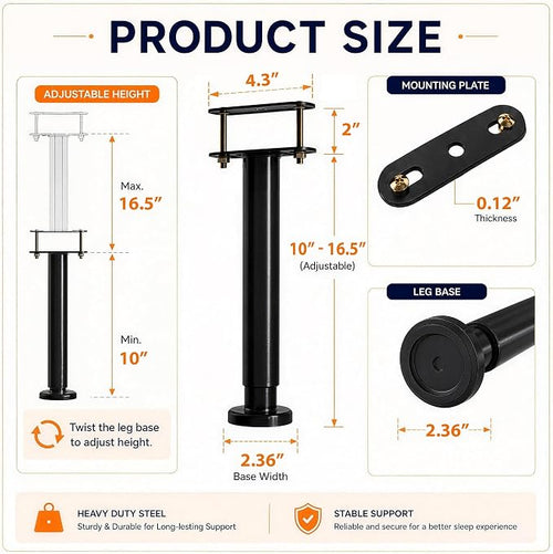 4-Piece Adjustable Height Bed Support Legs, Extra Sturdy Steel - Image 2