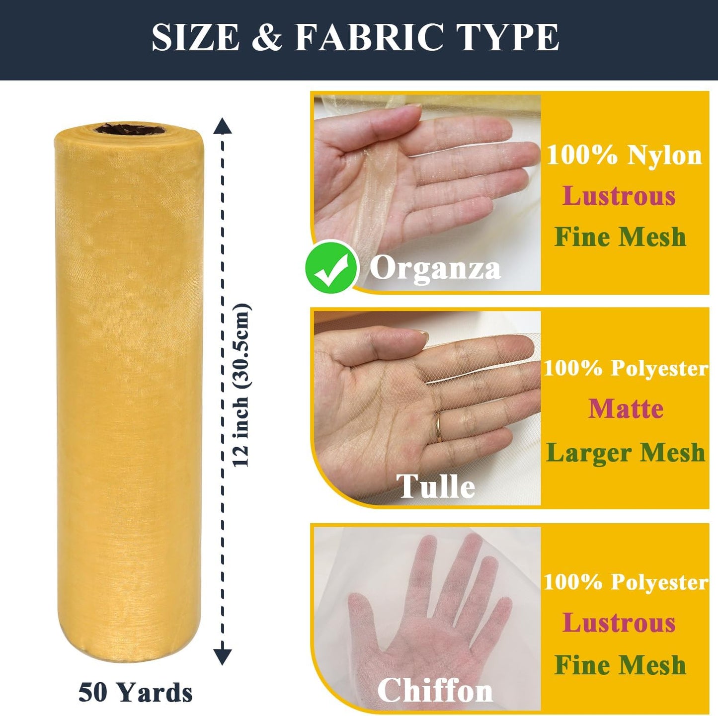 Gold Organza Tulle Fabric Rolls, Crystal Organza 12" by 50 Yards (150 ft) Sheer Nylon Silky Shiny Netting Spool Bolt for DIY Craft Table Runner Wedding Baby Shower Party Decor (Gold)