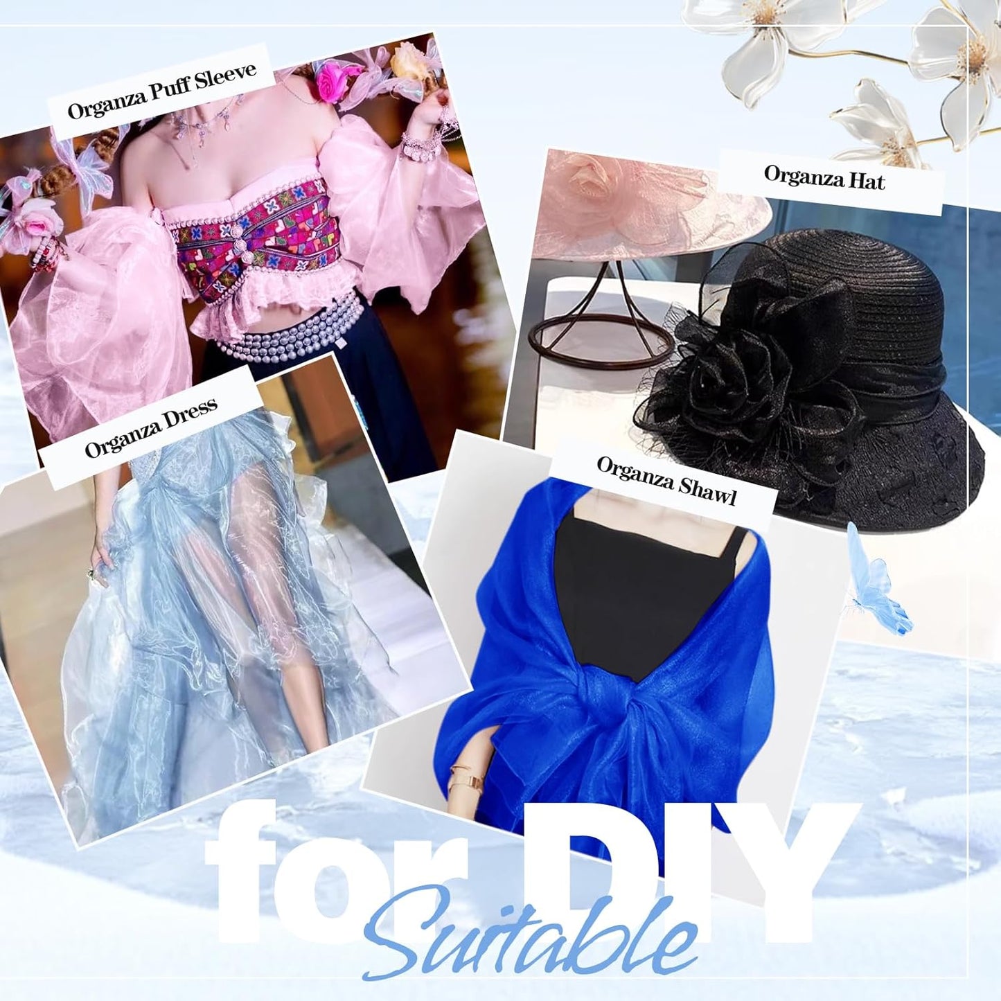 VACVELT Sheer Organza Fabric by The Yard, 60 Inch Wide Light Blue Organza Fabric Bolt Bridal Sheer Tulle Fabric, Silk Organza Fabric Roll for Wedding Party Decorations Backdrop Curtain (2 Yards)