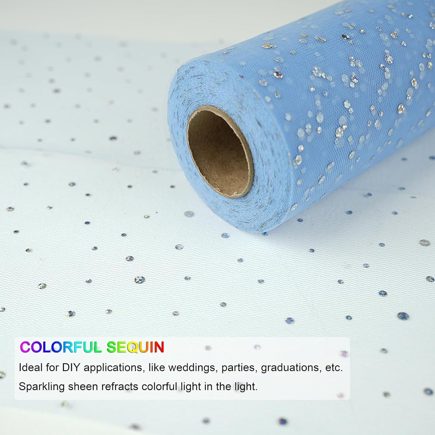 Glitter Tulle Rolls, 6” by 50 Yards (150FT) Sequin Tule Netting Fabric Tulle for Tutu Skirts Sewing Birthday Wedding Party Decoration (Light Blue)