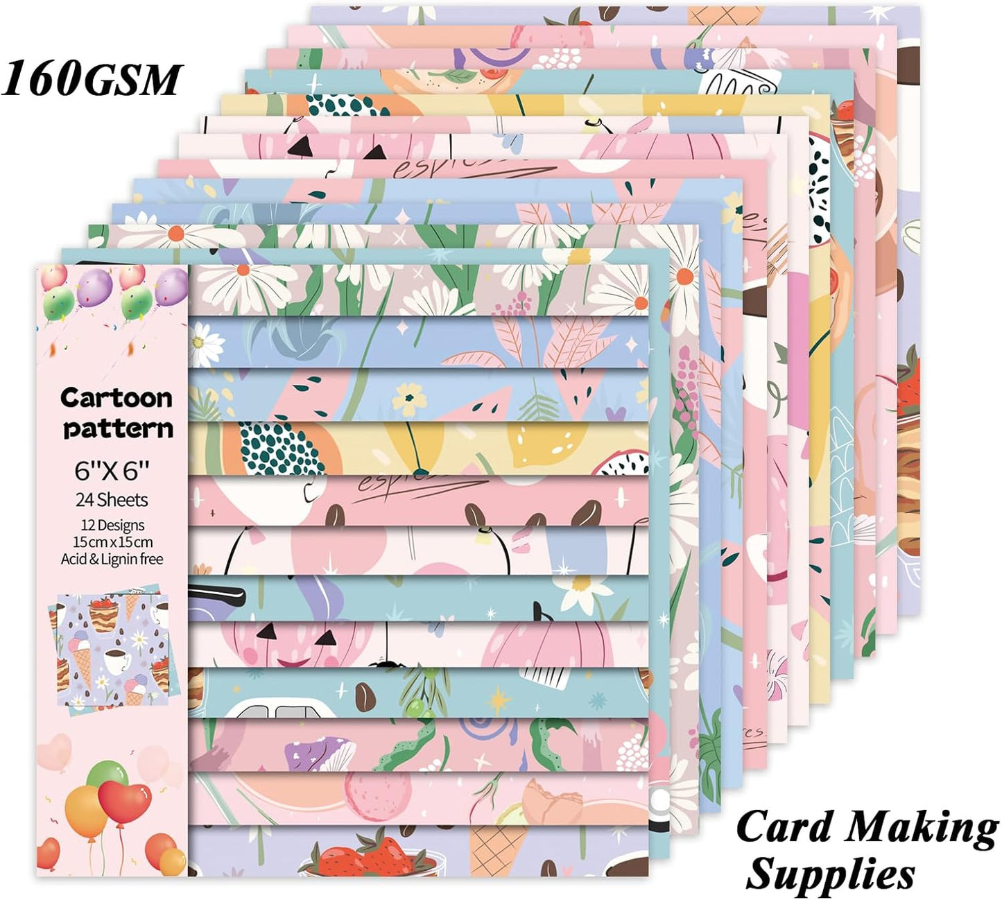 24 Sheets 12 Designs Scrapbook Paper Pad,6"×6” Single-Sided Decopodge Craft Cardstock Paper,Christmas Scrapbooking DIY Decorative Background Cardmaking Supplies.Cartoon