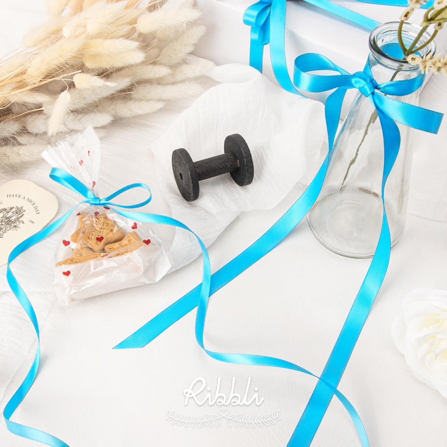 Ribbli Turquoise Blue Satin Ribbon,Double Faced Satin 1/4 inch x Continuous 50 Yards,Turquoise Blue Ribbon Use for Bows Bouquet,Gift Wrapping,Wedding Decoration,Floral Arrangement
