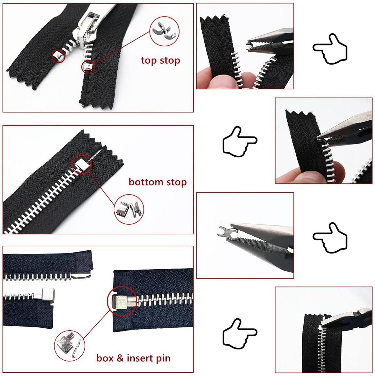 48-Piece Metal Zipper Repair Accessories Set - DIY Sewing Kit with Slider, Retainer, Box Insert, Pin, Top & Bottom Stoppers (Bronze)