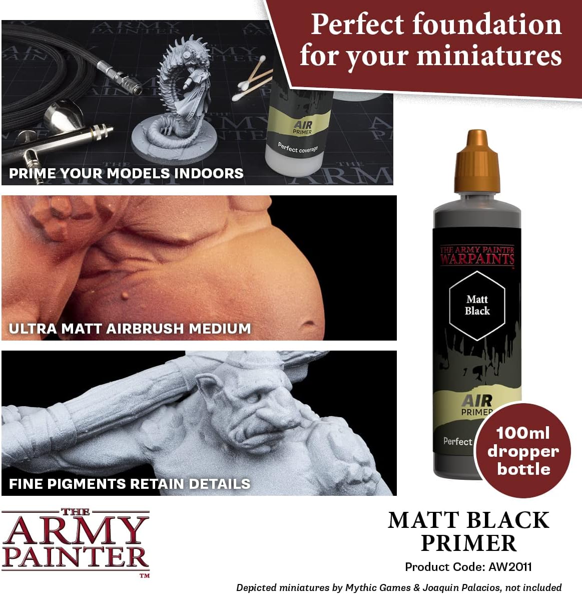 The Army Painter, 100 ml Warpaints Air Primer Matt Black - for Airbrush, Wargaming and Modelling