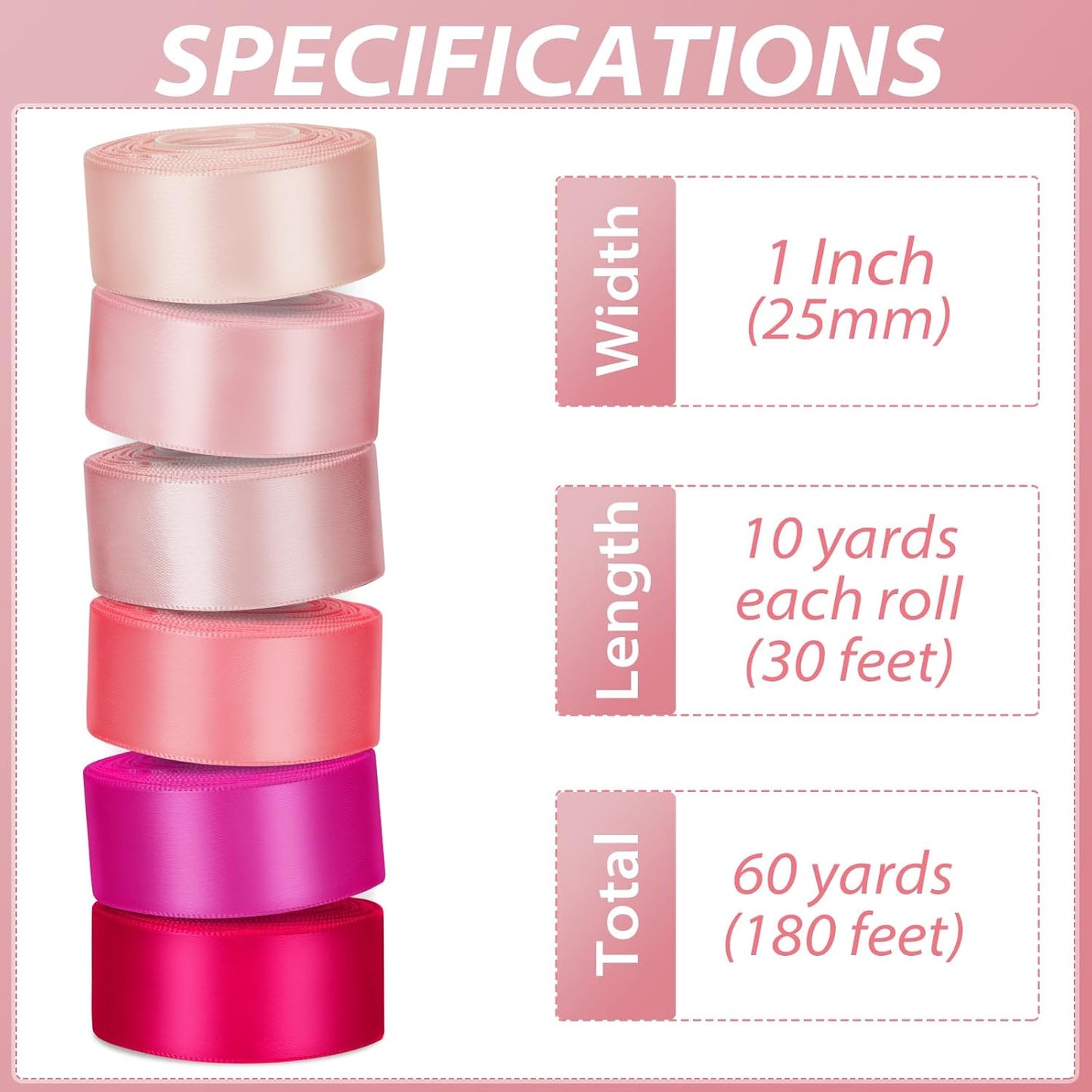 1 Inch Pink Satin Ribbons for Crafts, 6 Rolls Single-Faced Pink Assorted Ribbons for Gift Wrapping Flower Bouquet Wedding Invitations Bridal Shower Hair Bows Garland Party Decor