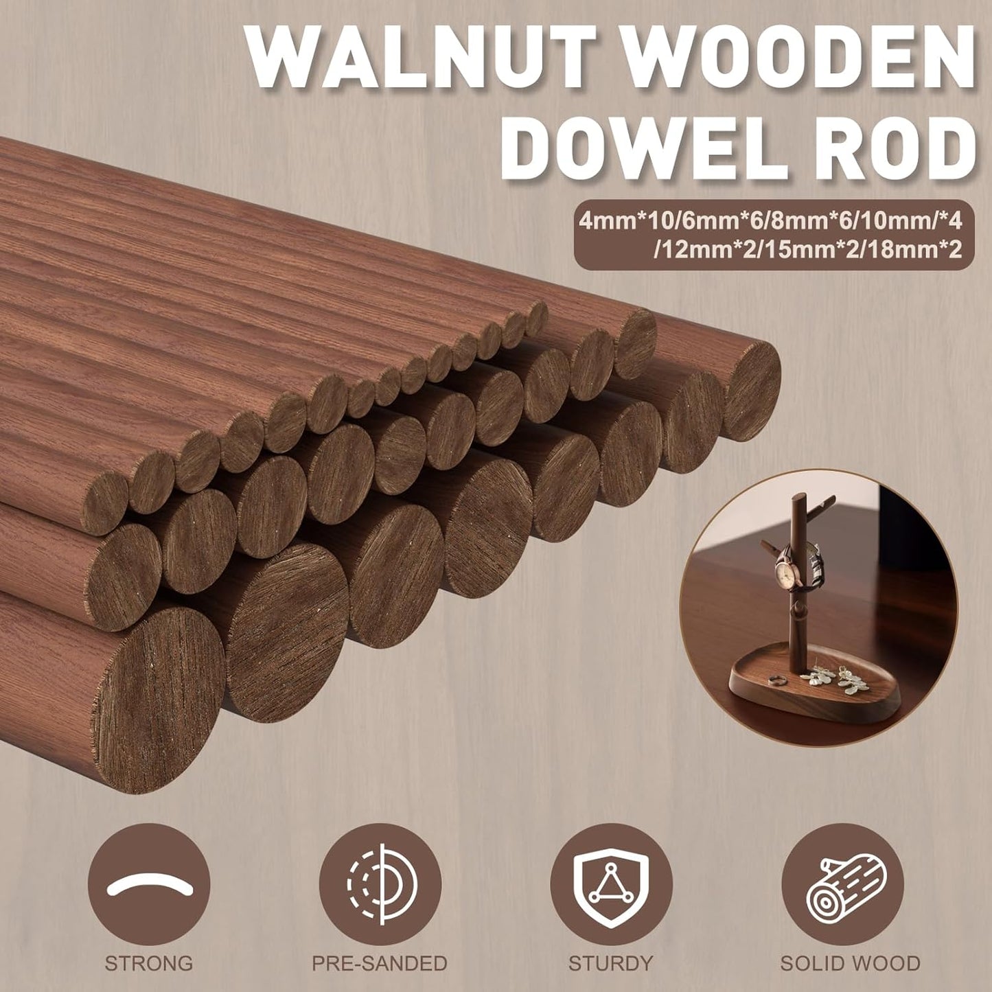 32Pcs 7 Size Walnut Wooden Dowel Rods 11.8 Inch Long Wooden Dowel Rods Sticks 4/6/8/10/12/15/18mm Wood Sticks for Crafts Unfinished Round Sticks for Crafts and Woodworking Building Material