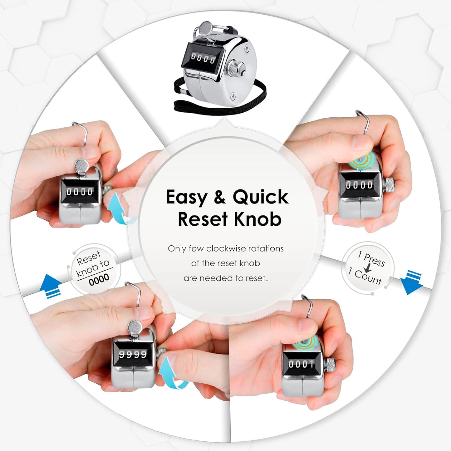 KTRIO Metal Handheld Tally Counter, 4-Digit Number Clicker Counter, Hand Mechanical Pitch Counters for Coaching, Knitting, People, Lap, Fishing, Golf and Row