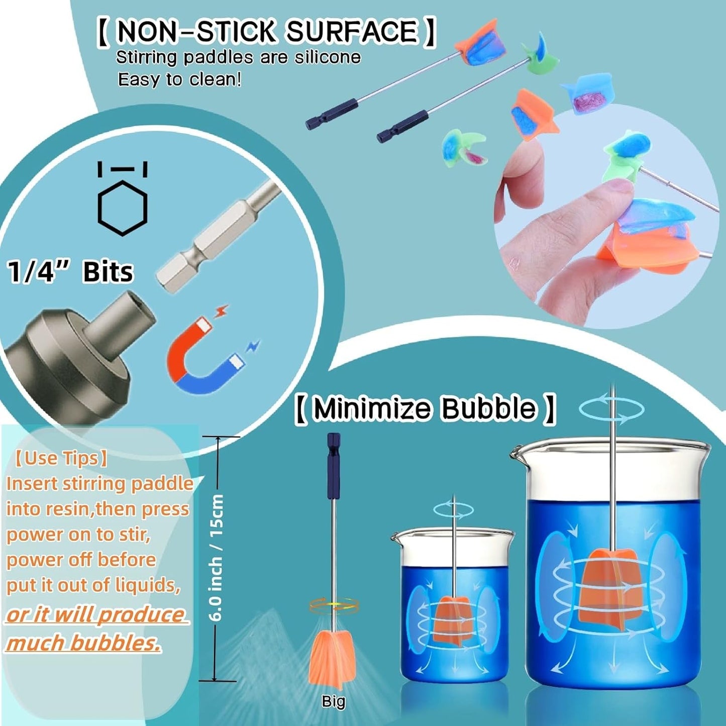 Resin Mixer Epoxy Mixer Paddles - 4 Reusable Reusable Paint and Resin Mixer Paddle to Mix Epoxy Resin, Paint, Ceramic Glaze and Reduce Bubbles - Paint Mixer for Drill (4X-Small)