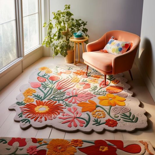 Handmade Wool Floral Area Rug for Living Room | Elegant Flower Garden Design, Soft, Thick and Durable | Bedroom, Dining Room & Home Decor Carpet (8' x 10', Floral C)