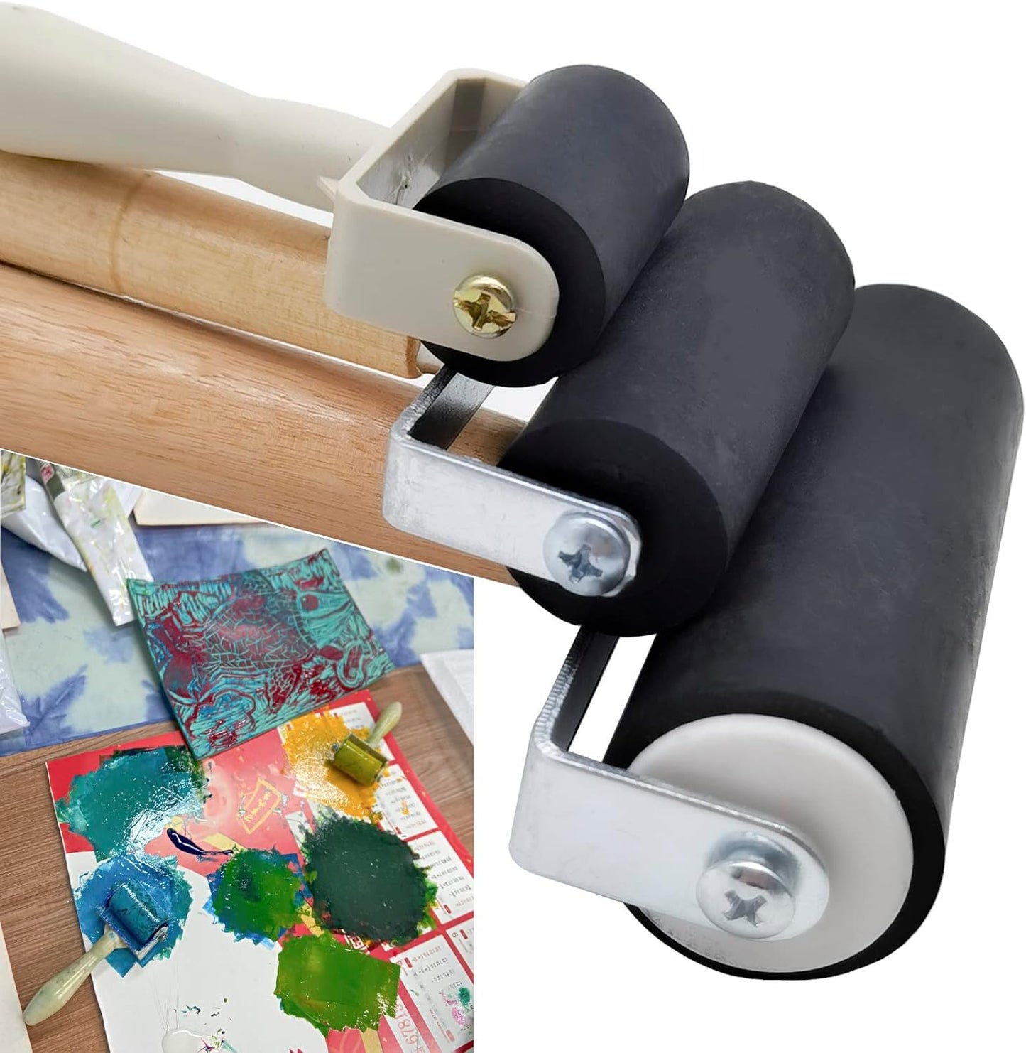 3 Pack Rubber Brayer Roller,1.4/2.4/4 Inch Hard Rubber Brayer Rollers,Art Craft Roller for Printmaking,Ink,Wallpapers Stamping Gluing