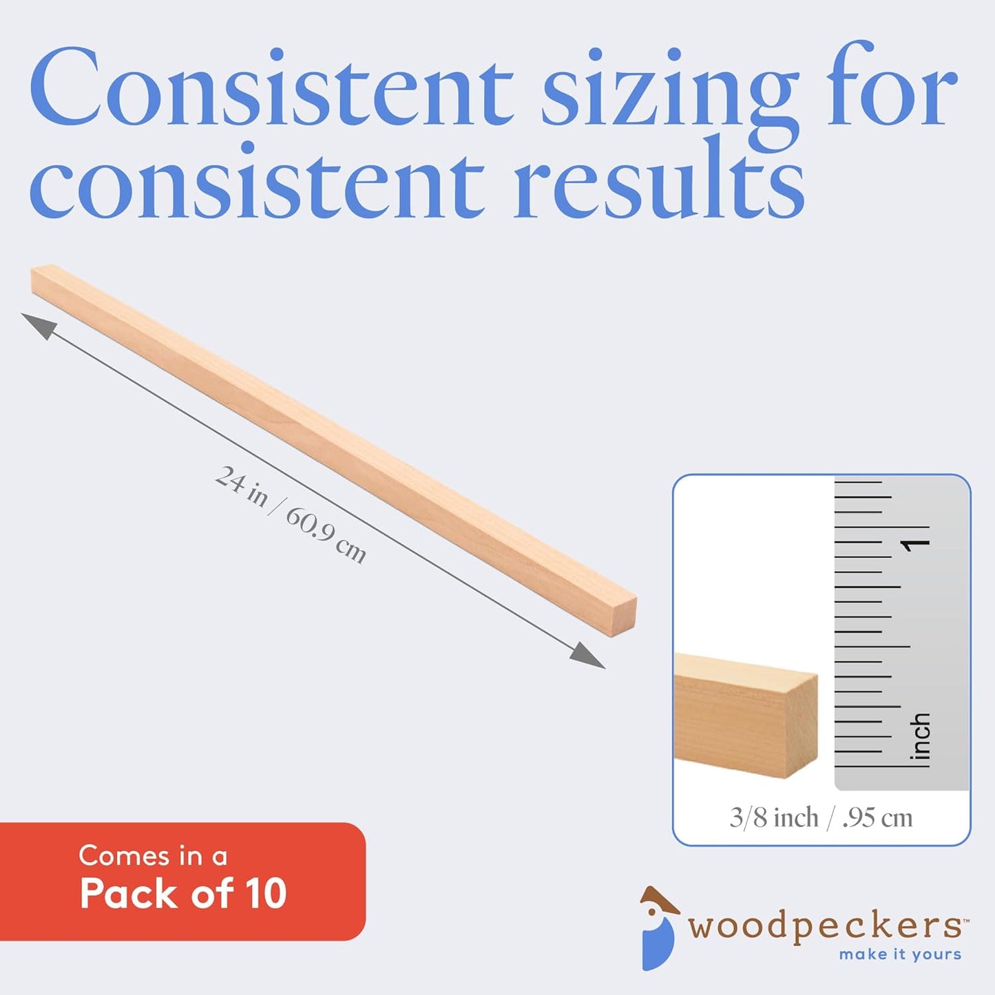 DIY Wooden Square Dowel Rod 3/8-inch x 24 Pack of 10 Hobby Wood Sticks for Crafts, Wood Trim & Architecture Model Making, by Woodpeckers