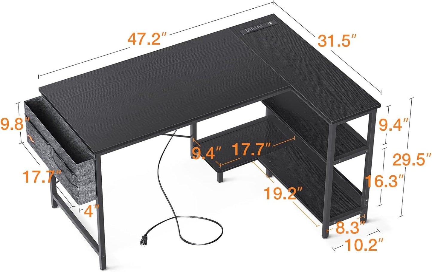 ODK 48 Inch Small L Shaped Gaming Computer Desk with Power Outlets, Reversible Storage Shelves & PC Stand for Home Office, Simple Writing Study Table with Storage Bag for Small Space, Black