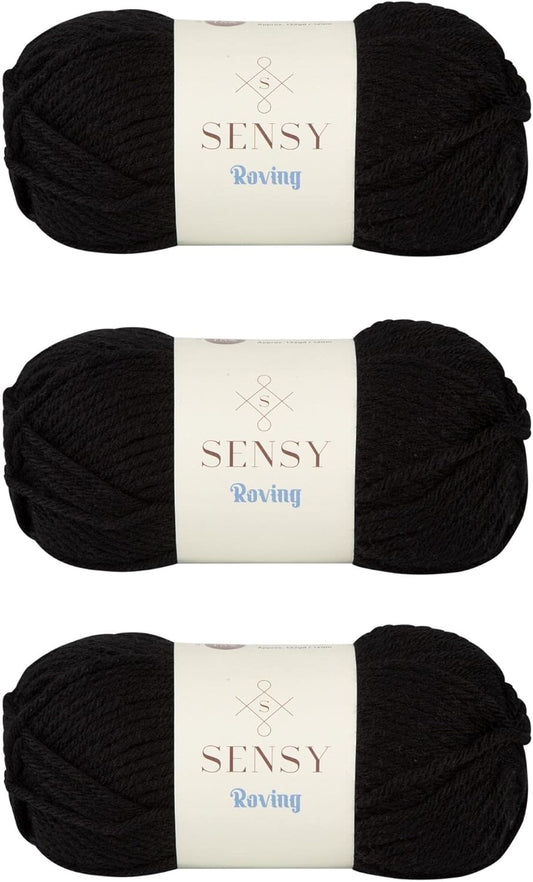 3 Skeins of Sensy Roving Yarn, 3.5 oz, 132 Yards, Gauge 5 Bulky (Black)