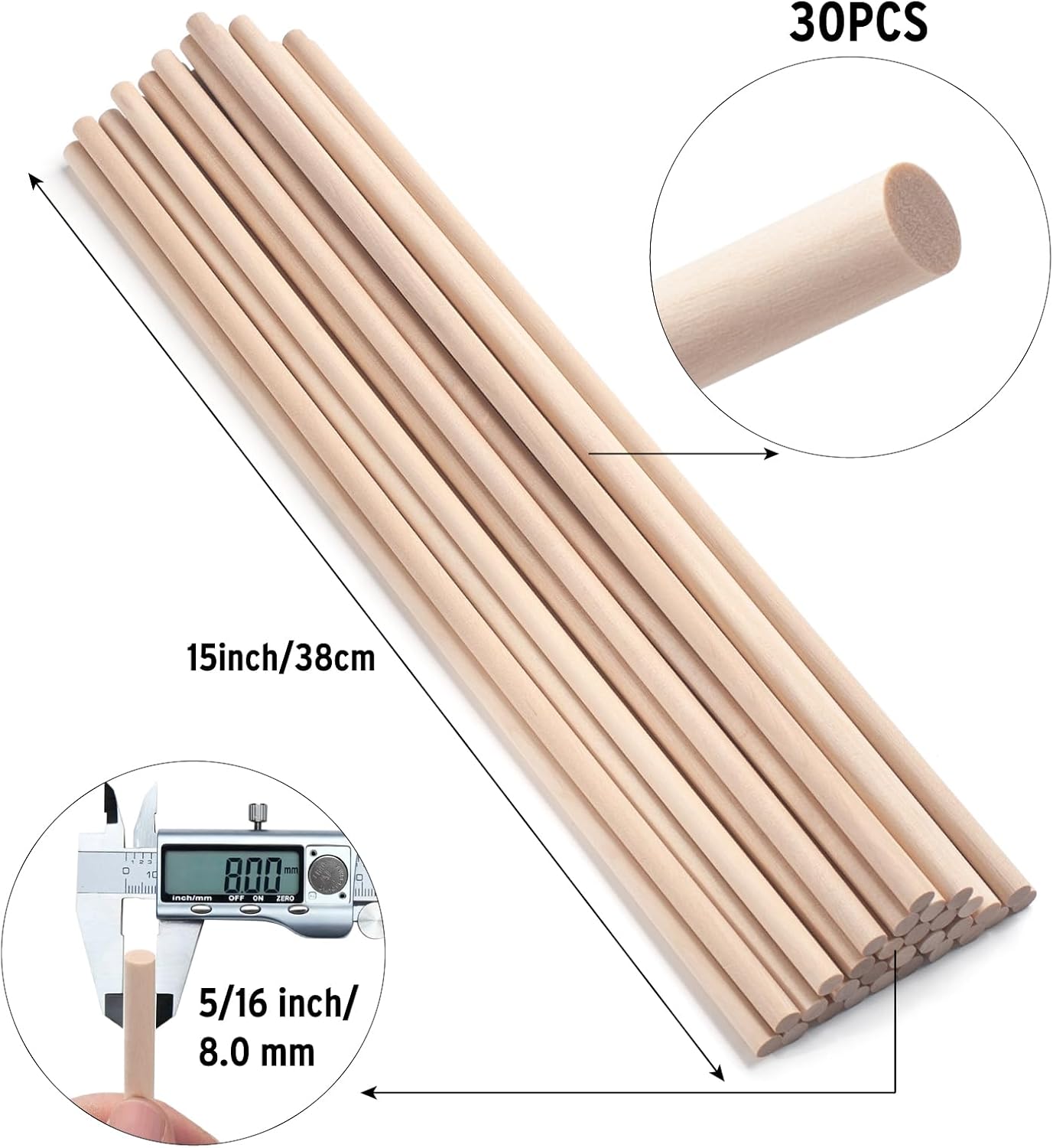 Wooden Dowels Wooden Sticks for Crafts 5/16" x 15", 30 PCS Wood Dowel Rods, Wood Sticks for Crafting, Macrame Dowels, Unfinished Round Hardwood Stick for Tiered Cake Support and Wedding Ribbon Wands