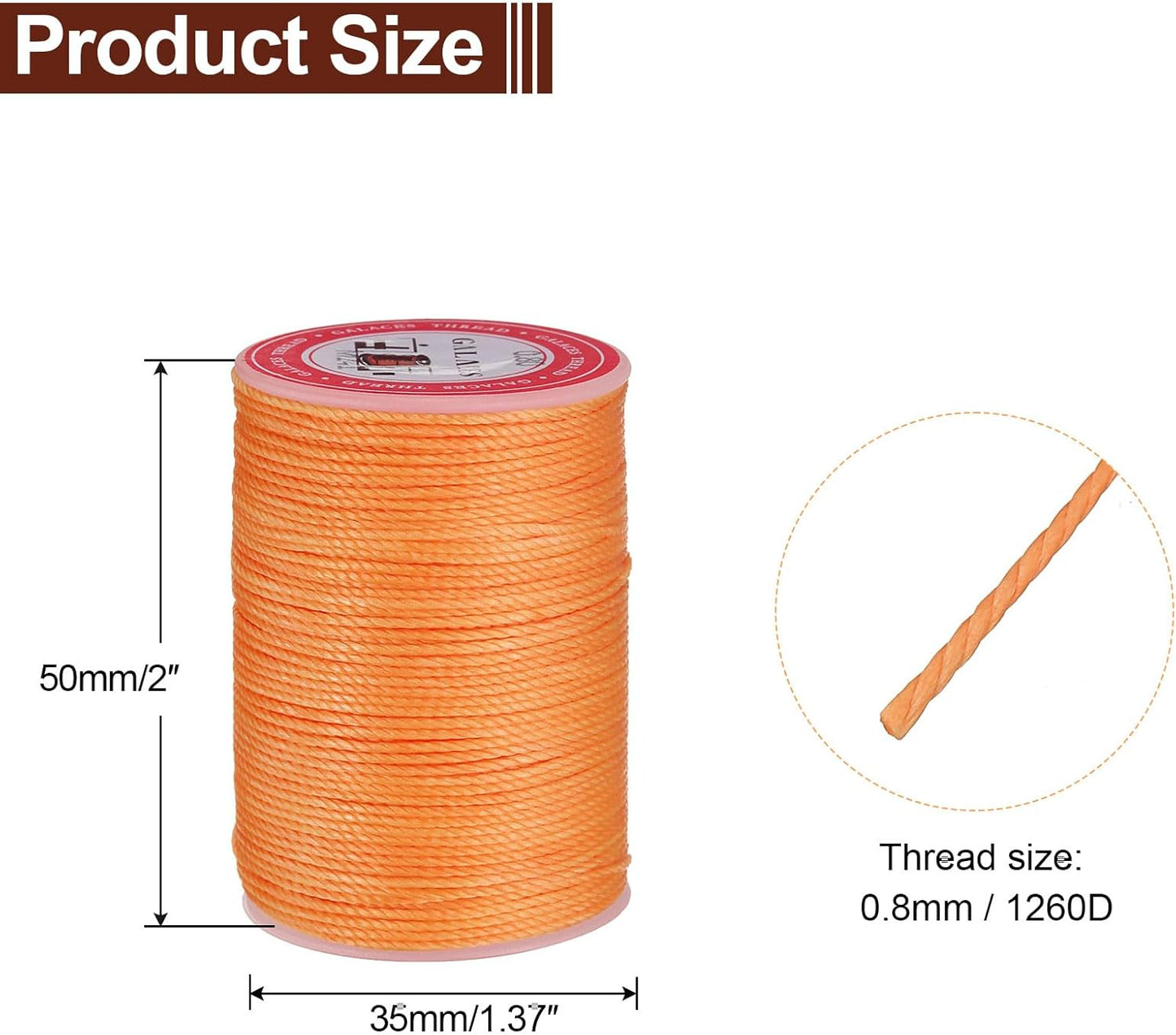 uxcell Round Leather Sewing Waxed Thread, 55m / 60 Yards Polyester Wax String, 0.80mm Wax Stitching Cord for Leather Crafts, Bookbinding, Bracelets Braided, Orange, 2pcs