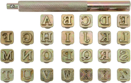 Yoption 27 Pieces Leathercarft Stamping Tool Set, 26 Letters Alphabet Stamps Steel Punch Tool 6mm+1 Stamping Handle for Leather Craft